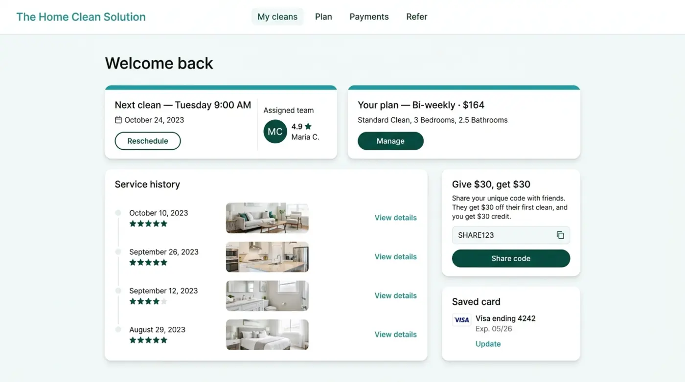 Customer account portal with plan, history and referrals