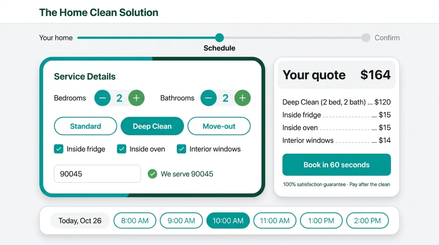 Booking wizard with live quote and instant availability